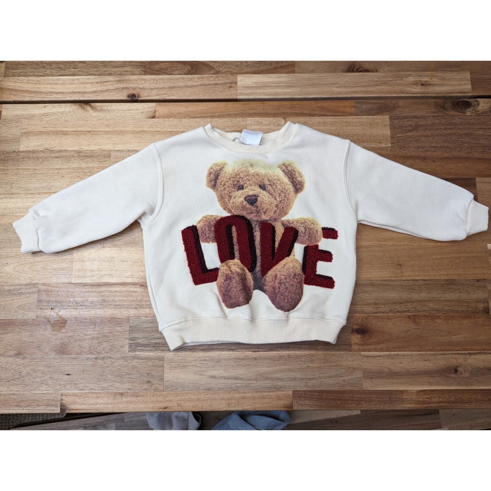 Zara Girls Love Teddy Bear Crew neck Sweatshirt Size 12-18 Mo. Shirt Top Ivory